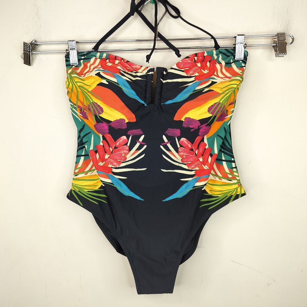 Desigual One Piece Swimsuit XL Tropical Floral Halter Open Back  Removable Strap